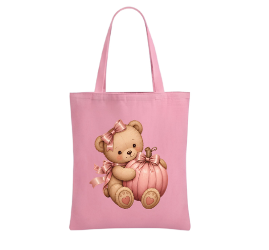 Pink Teddy Pumpkin Cotton Tote Bag